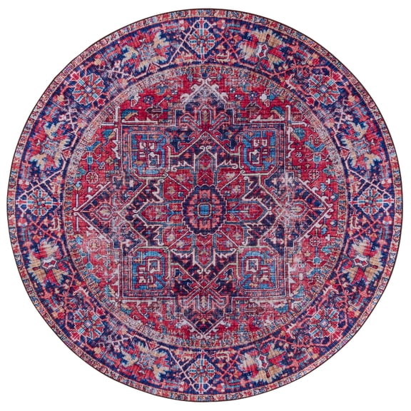 SAFAVIEH Tuscon Alondra Oriental Machine Washable Area Rug, Red/Navy, 6' x 6' Round