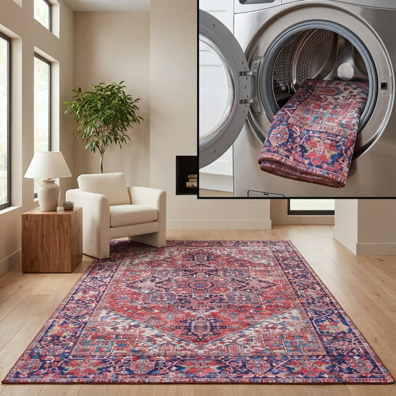 SAFAVIEH Tuscon Alondra Oriental Machine Washable Area Rug, Red/Navy, 6' x 6' Square