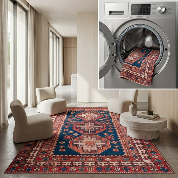 SAFAVIEH Tuscon Cole Oriental Machine Washable Area Rug, Navy/Rust, 3' x 5'