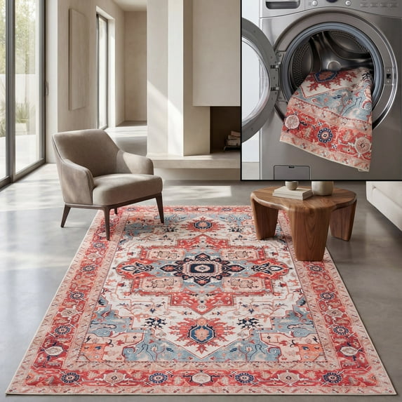 SAFAVIEH Tuscon Juliet Oriental Machine Washable Area Rug, Beige/Rust, 4' x 6'