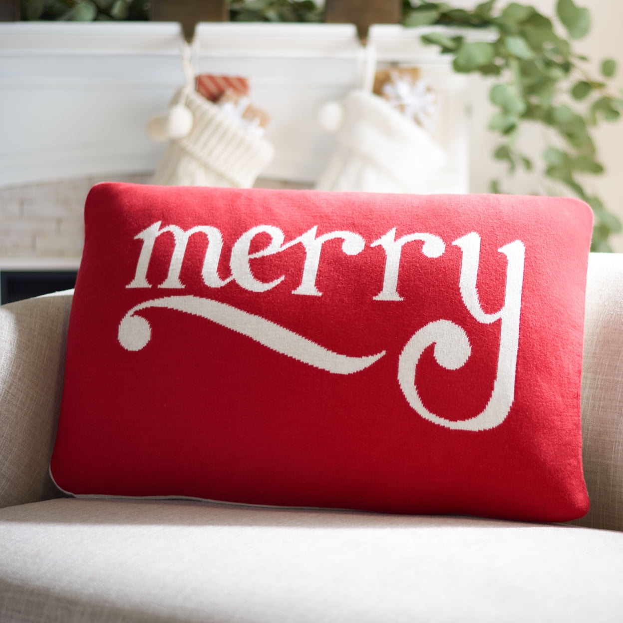 Grey Cotton Christmas Pillow with Reindeer and Snowflakes