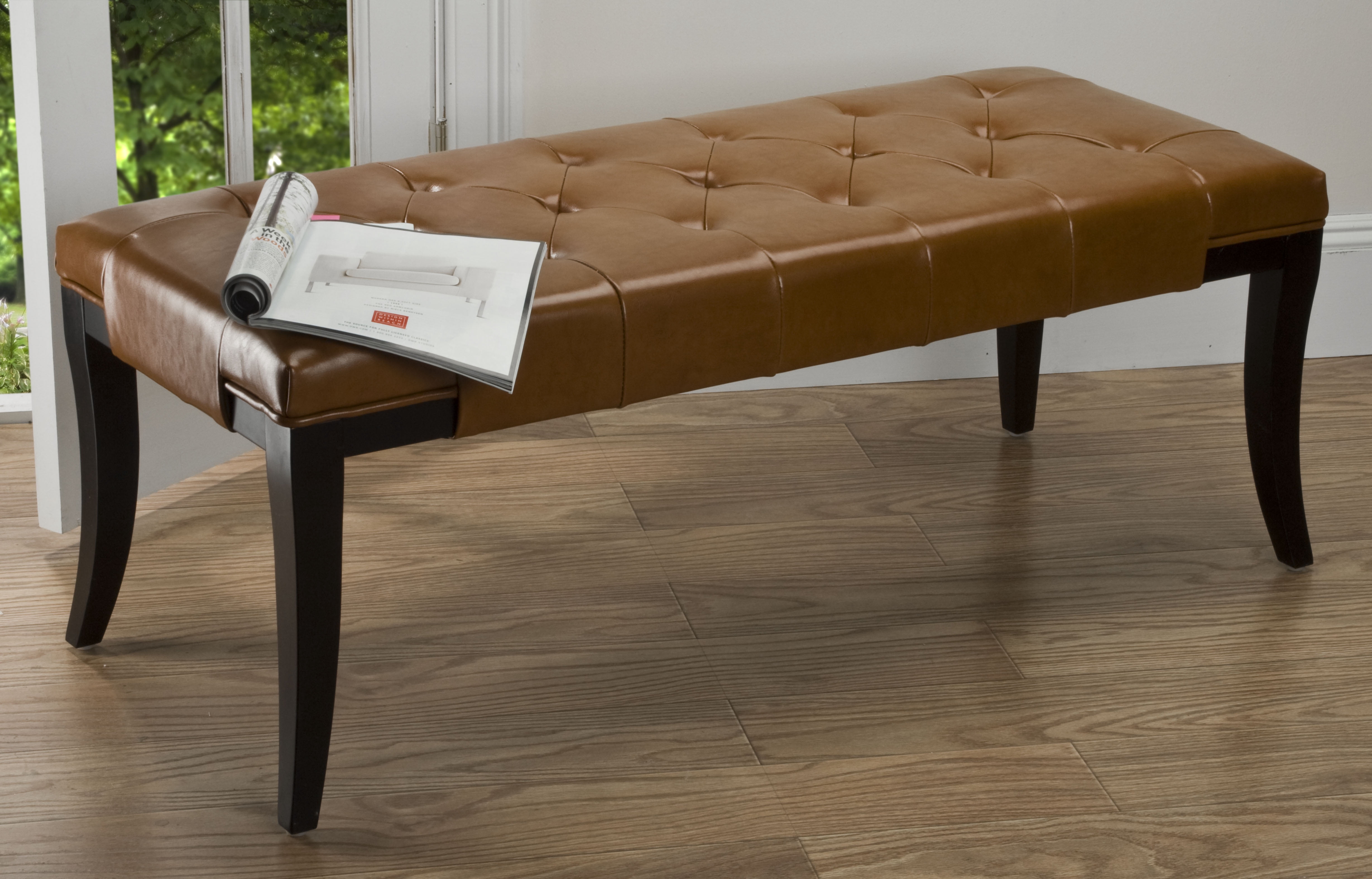 SAFAVIEH Tyler Rustic Curved Leather Tufted Bench, Saddle