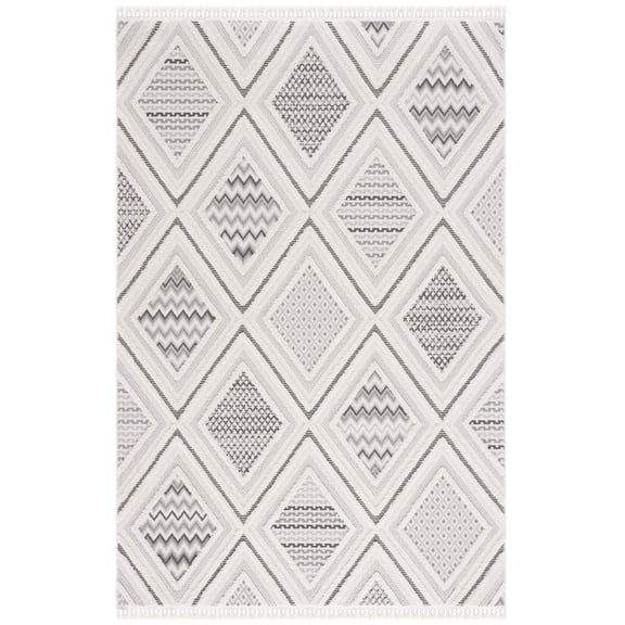 SAFAVIEH Urban Conchur High Low Trellis Chevron with Fringe Area Rug, Grey/Ivory, 5'3" x 7'6"