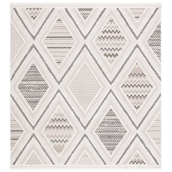 SAFAVIEH Urban Conchur High Low Trellis Chevron with Fringe Area Rug, Grey/Ivory, 6'7" x 6'7" Square