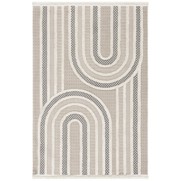 SAFAVIEH Urban Drew High Low Curve Striped with Fringe Area Rug, Beige/Ivory, 3' x 5'