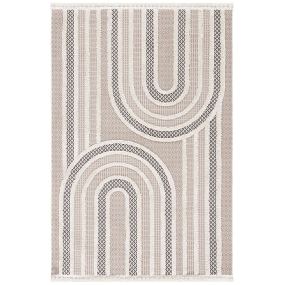 SAFAVIEH Urban Drew High Low Curve Striped with Fringe Area Rug, Beige/Ivory, 4' x 6'
