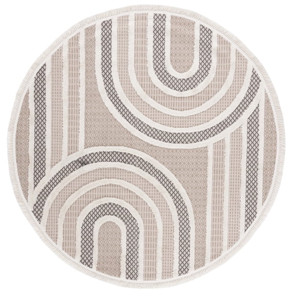 SAFAVIEH Urban Drew High Low Curve Striped with Fringe Area Rug, Beige/Ivory, 6'7" x 6'7" Round