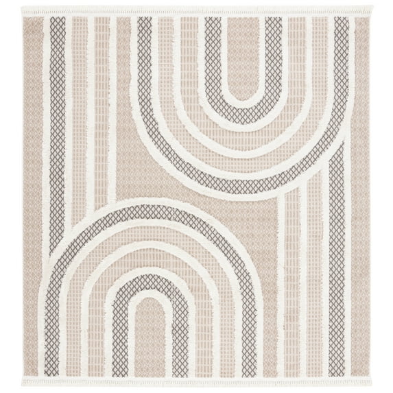 SAFAVIEH Urban Drew High Low Curve Striped with Fringe Area Rug, Beige/Ivory, 6'7" x 6'7" Square