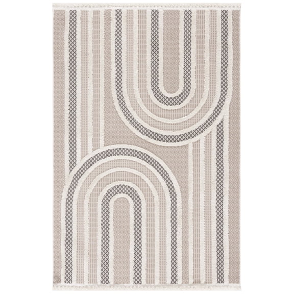 SAFAVIEH Urban Drew High Low Curve Striped with Fringe Area Rug, Beige/Ivory, 9' x 12'