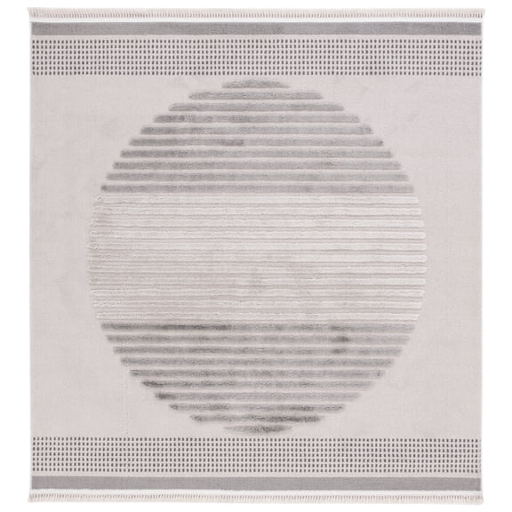 SAFAVIEH Urban Femie High Low Circle Striped with Fringe Area Rug, Grey/Light Grey, 6'7" x 6'7" Square