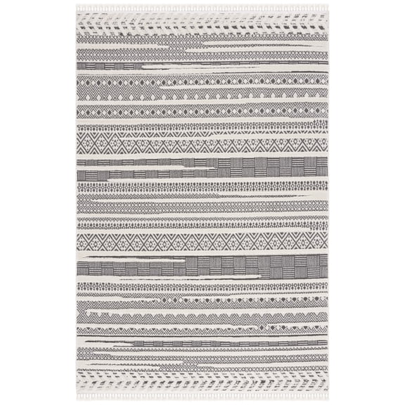 SAFAVIEH Urban Griselda High Low Striped with Fringe Area Rug, Grey/Ivory, 5'3" x 7'6"