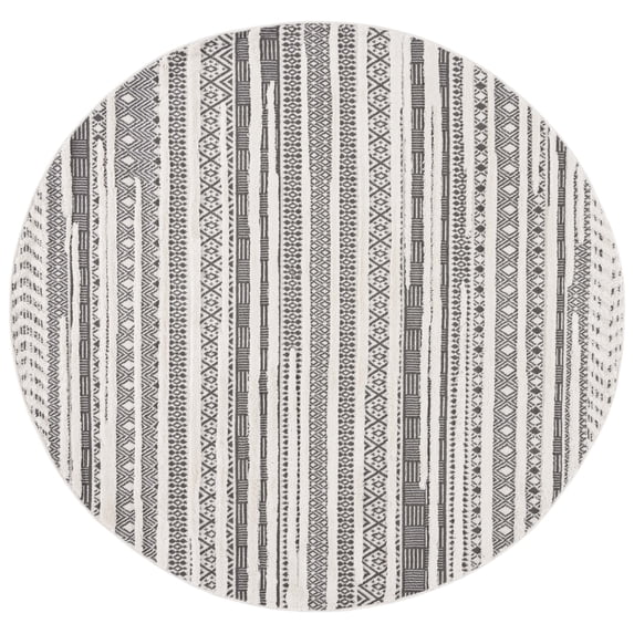 SAFAVIEH Urban Griselda High Low Striped with Fringe Area Rug, Grey/Ivory, 6'7" x 6'7" Round