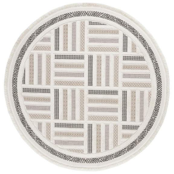 SAFAVIEH Urban Huntington High Low Box Striped with Fringe Area Rug, Beige/Ivory, 6'7" x 6'7" Round