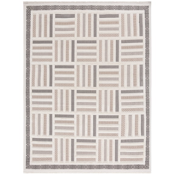SAFAVIEH Urban Huntington High Low Box Striped with Fringe Area Rug, Beige/Ivory, 8' x 10'