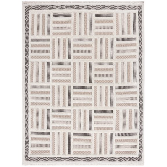 SAFAVIEH Urban Huntington High Low Box Striped with Fringe Area Rug, Beige/Ivory, 9' x 12'