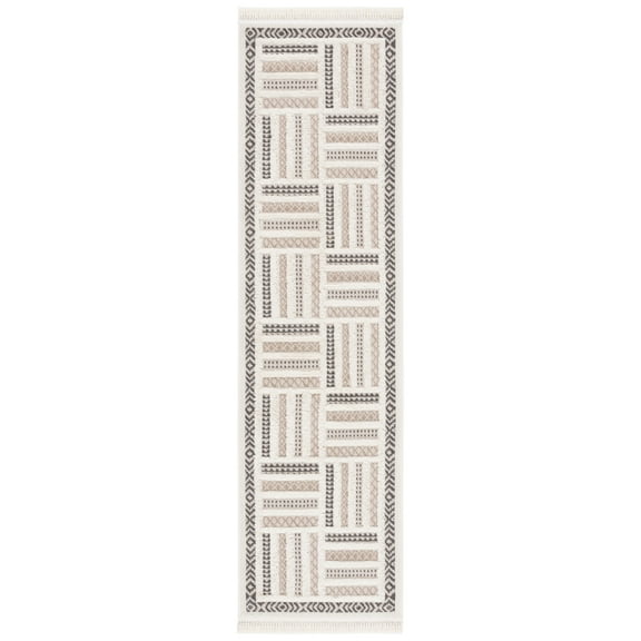 SAFAVIEH Urban Huntington High Low Box Striped with Fringe Runner Rug, Beige/Ivory, 2'2" x 8'