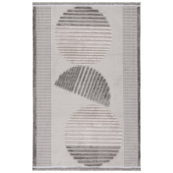 SAFAVIEH Urban Merrick High Low Double Circle Striped with Fringe Area Rug, Grey/Light Grey, 5'3" x 7'6"