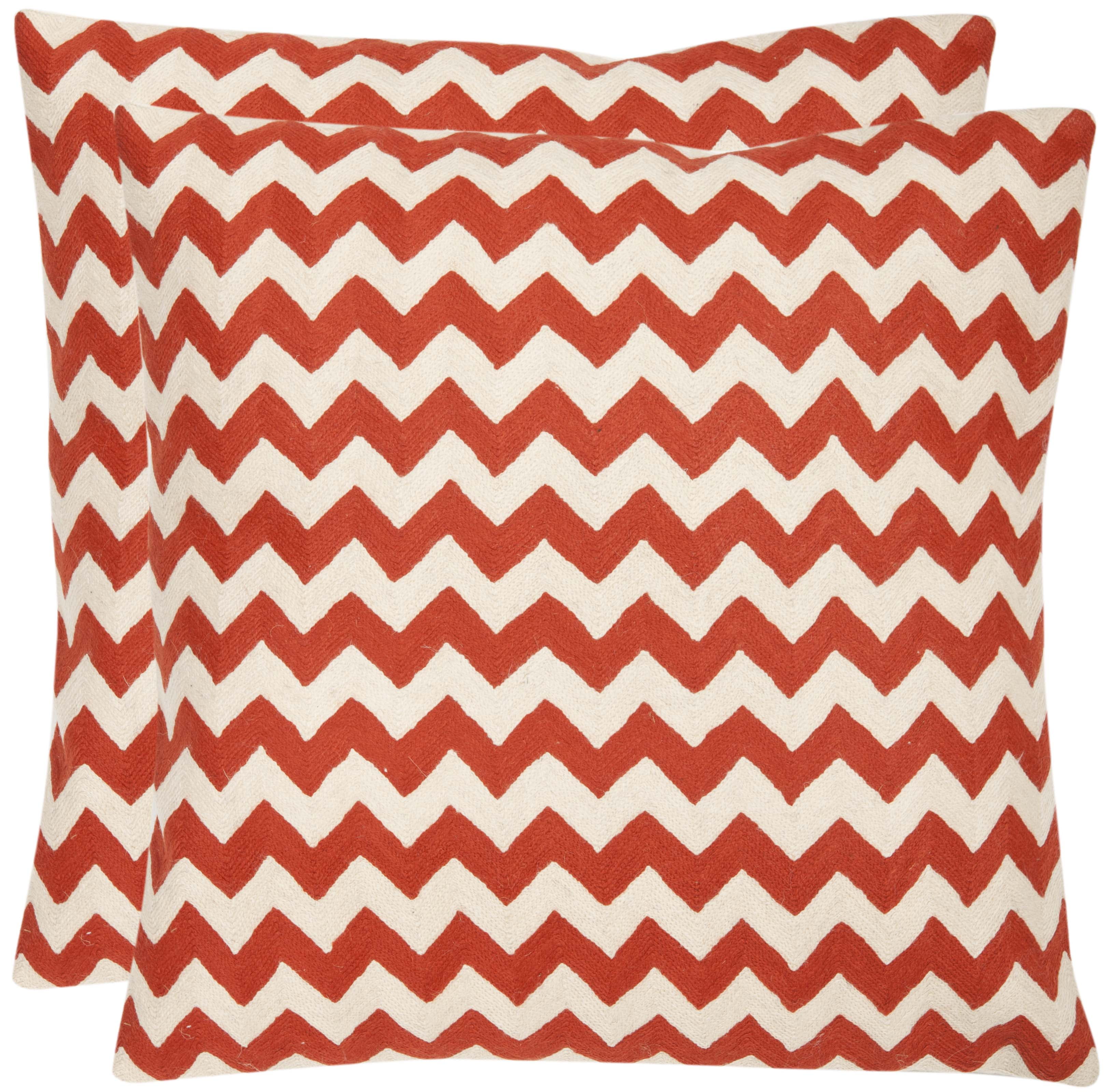 Orange and White Zig-Zag Embroidered Square Throw Pillows, Set of 2