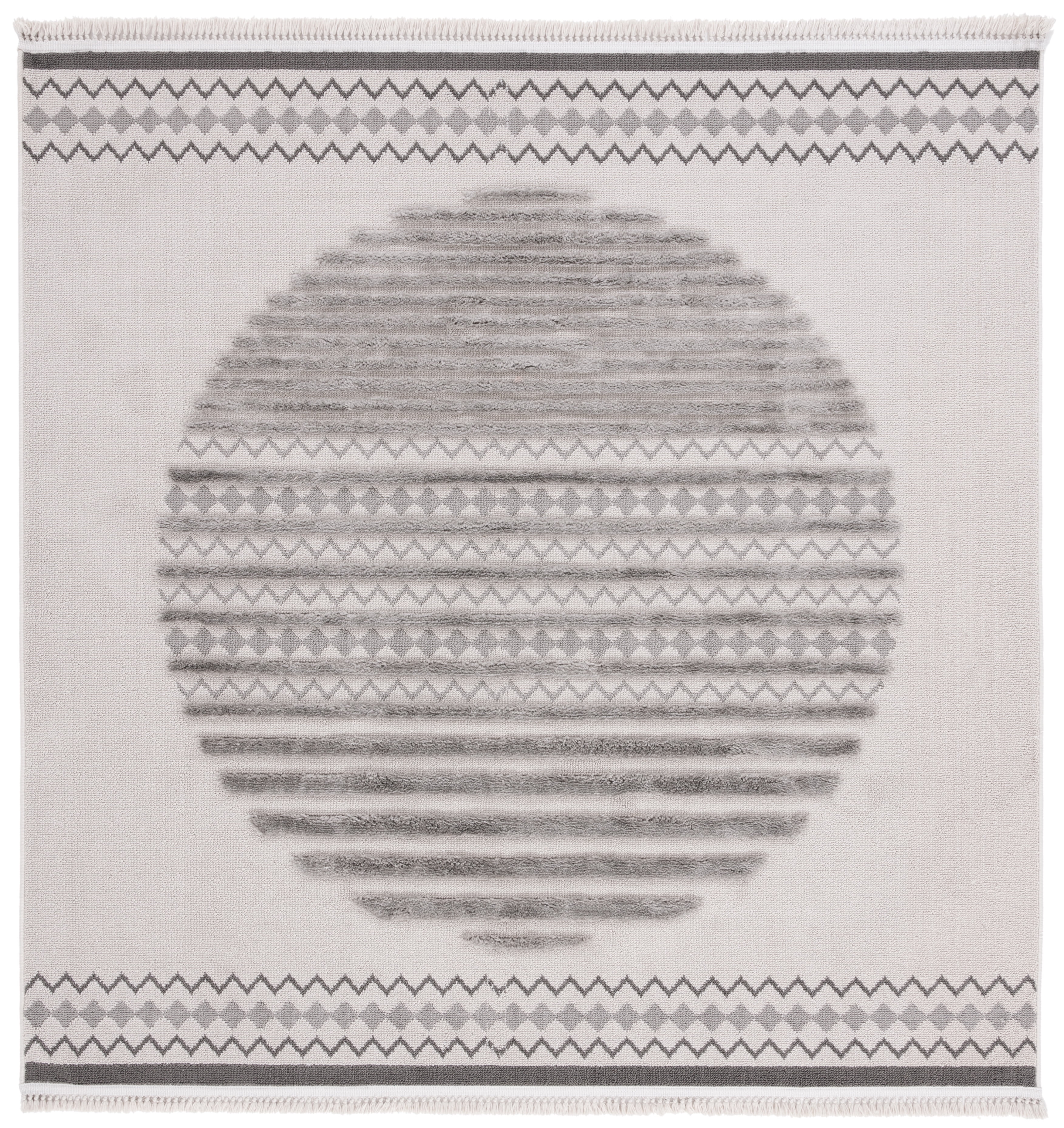 SAFAVIEH Urban Thornton High Low Circle Striped with Fringe Area Rug, Grey/Light Grey, 6'7" x 6'7" Square