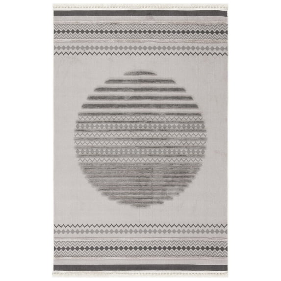 SAFAVIEH Urban Thornton High Low Circle Striped with Fringe Area Rug, Grey/Light Grey, 8' x 10'