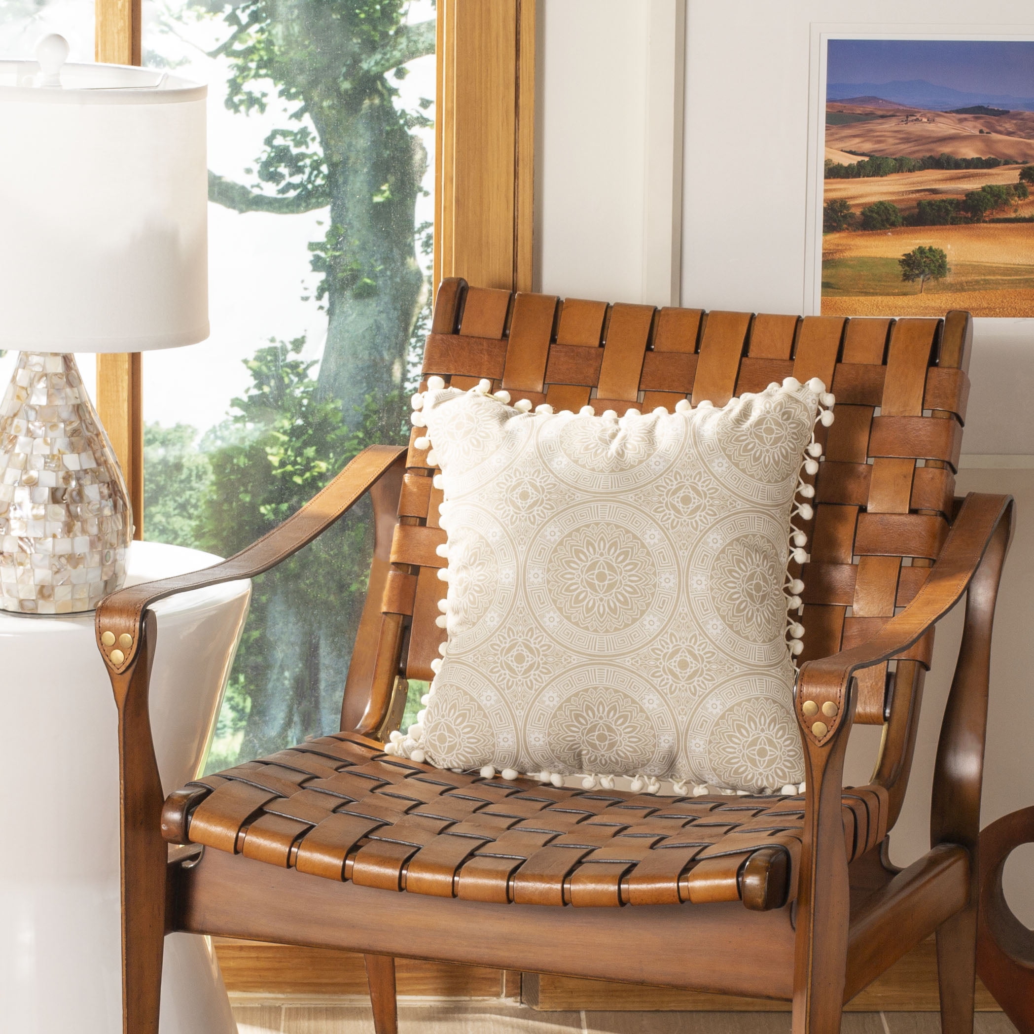 Beige and Gray Floral Medallion Pom Pom Pillow