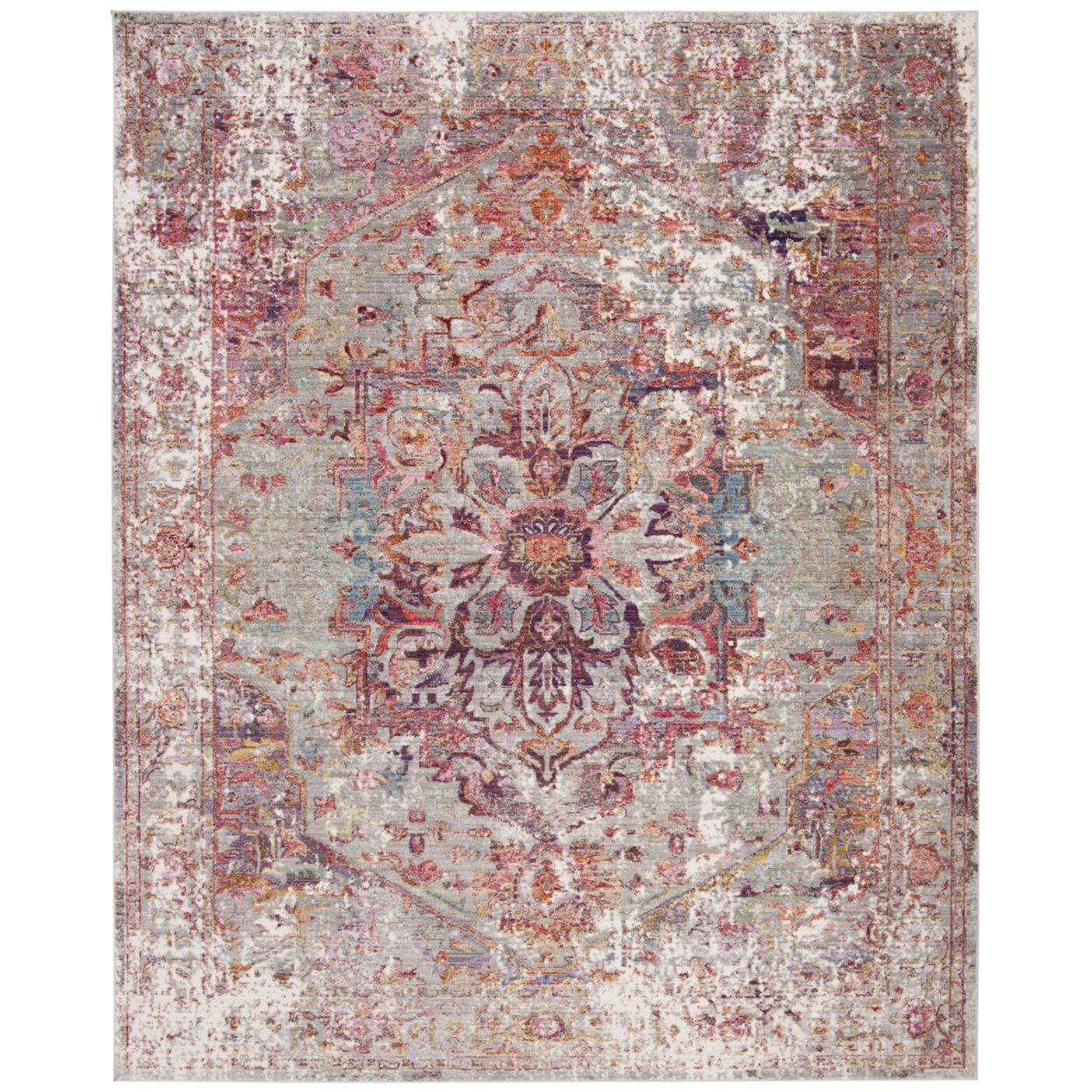 SAFAVIEH Valencia Autumn Distressed Oriental Polyester Area Rug, Grey/Red, 8' x 10'