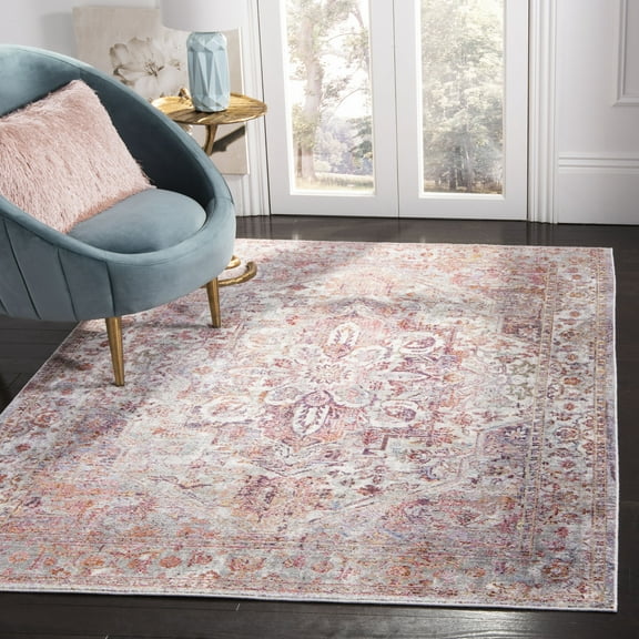 SAFAVIEH Valencia Autumn Distressed Oriental Polyester Area Rug, Ivory/Red, 4' x 5'7"