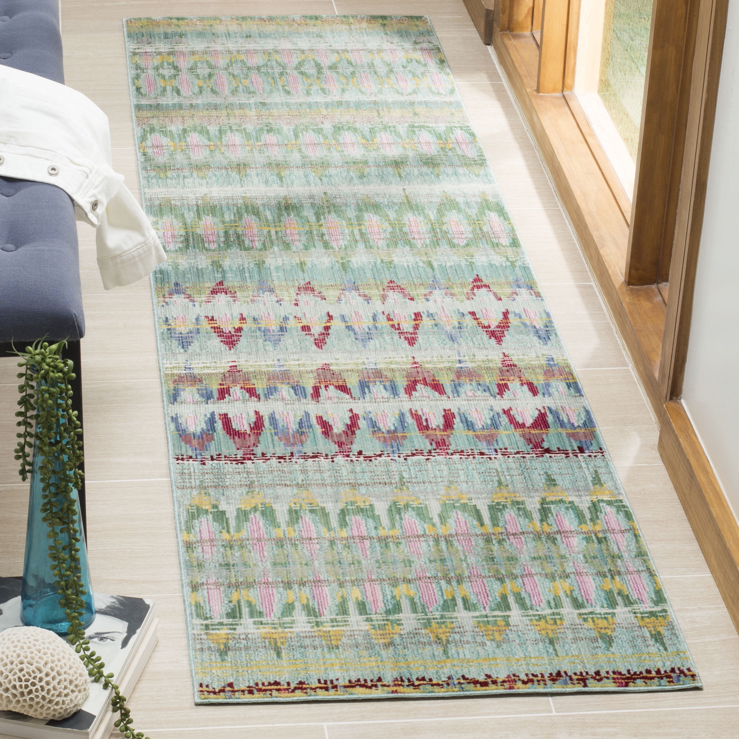 Light Blue and Multi Floral Polyester Runner Rug, 2'3" x 8'