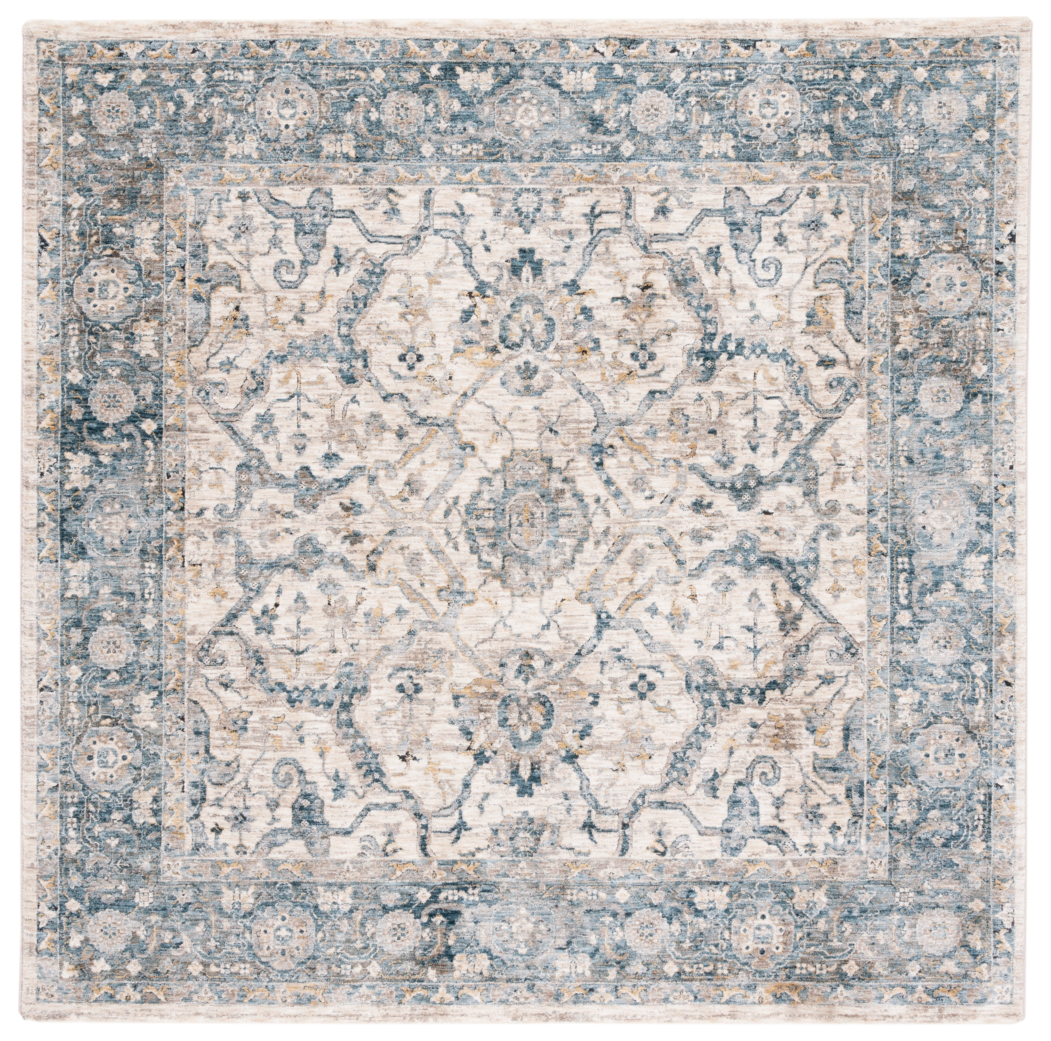 Ivory and Blue Hand-knotted Square Synthetic Area Rug