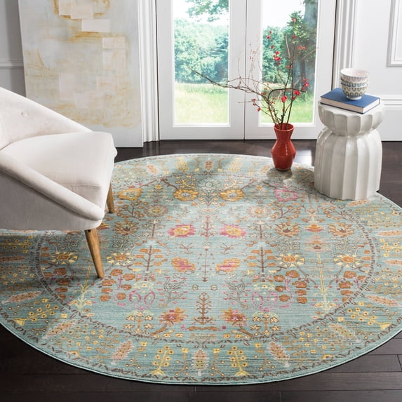 SAFAVIEH Valencia Grigor Traditional Polyester Area Rug, Steel Blue, 6'7" x 6'7" Round