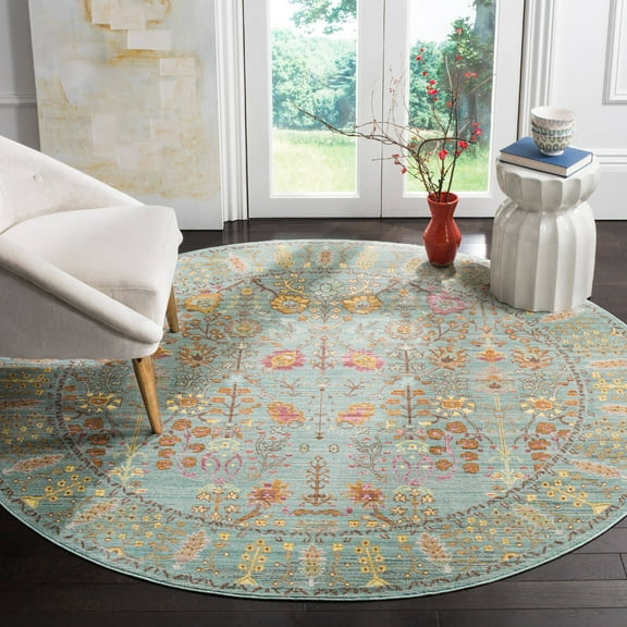 SAFAVIEH Valencia Grigor Traditional Polyester Area Rug, Steel Blue, 6'7" x 6'7" Round