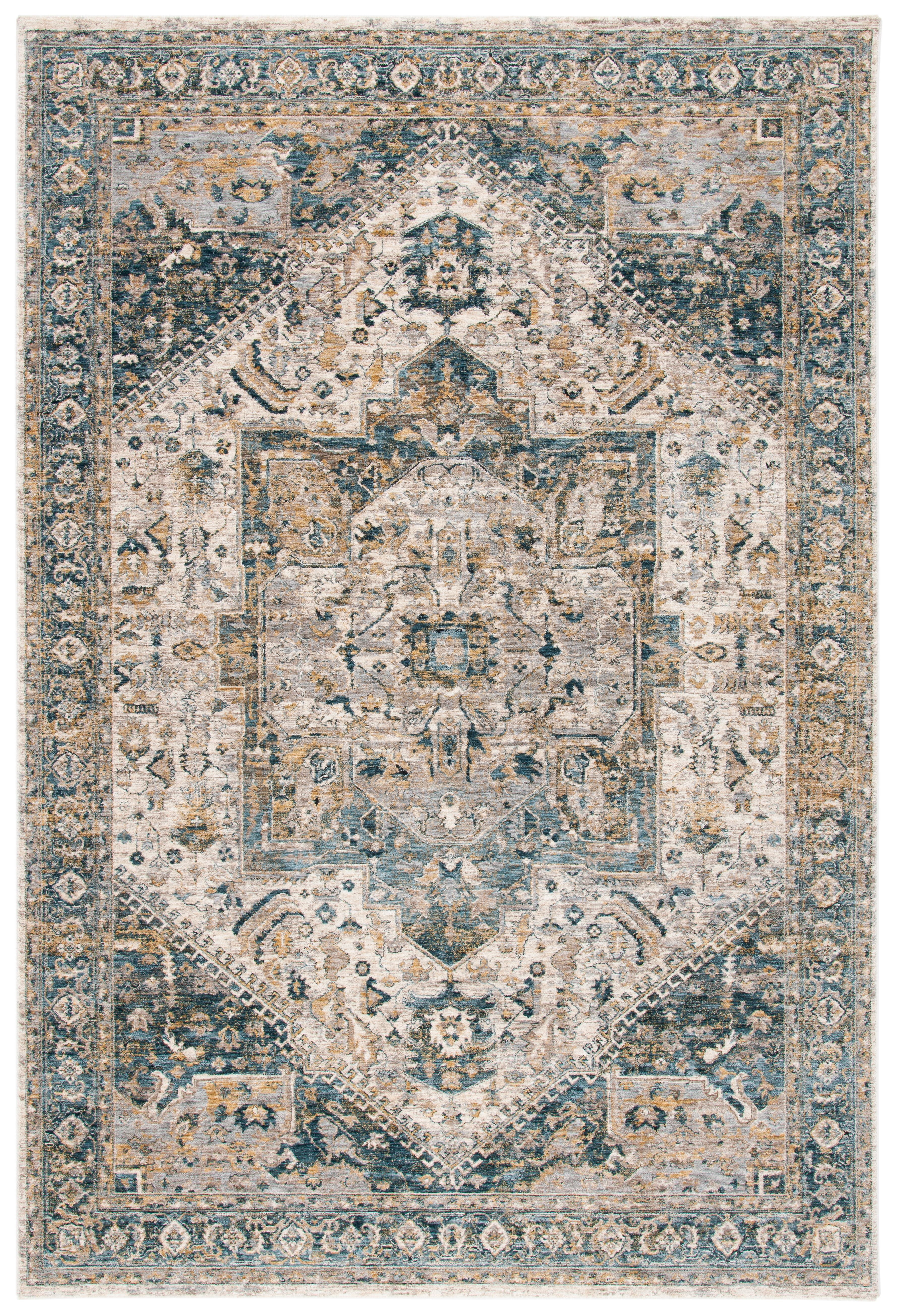 Ivory and Blue Hand-Knotted Synthetic Rectangular Area Rug