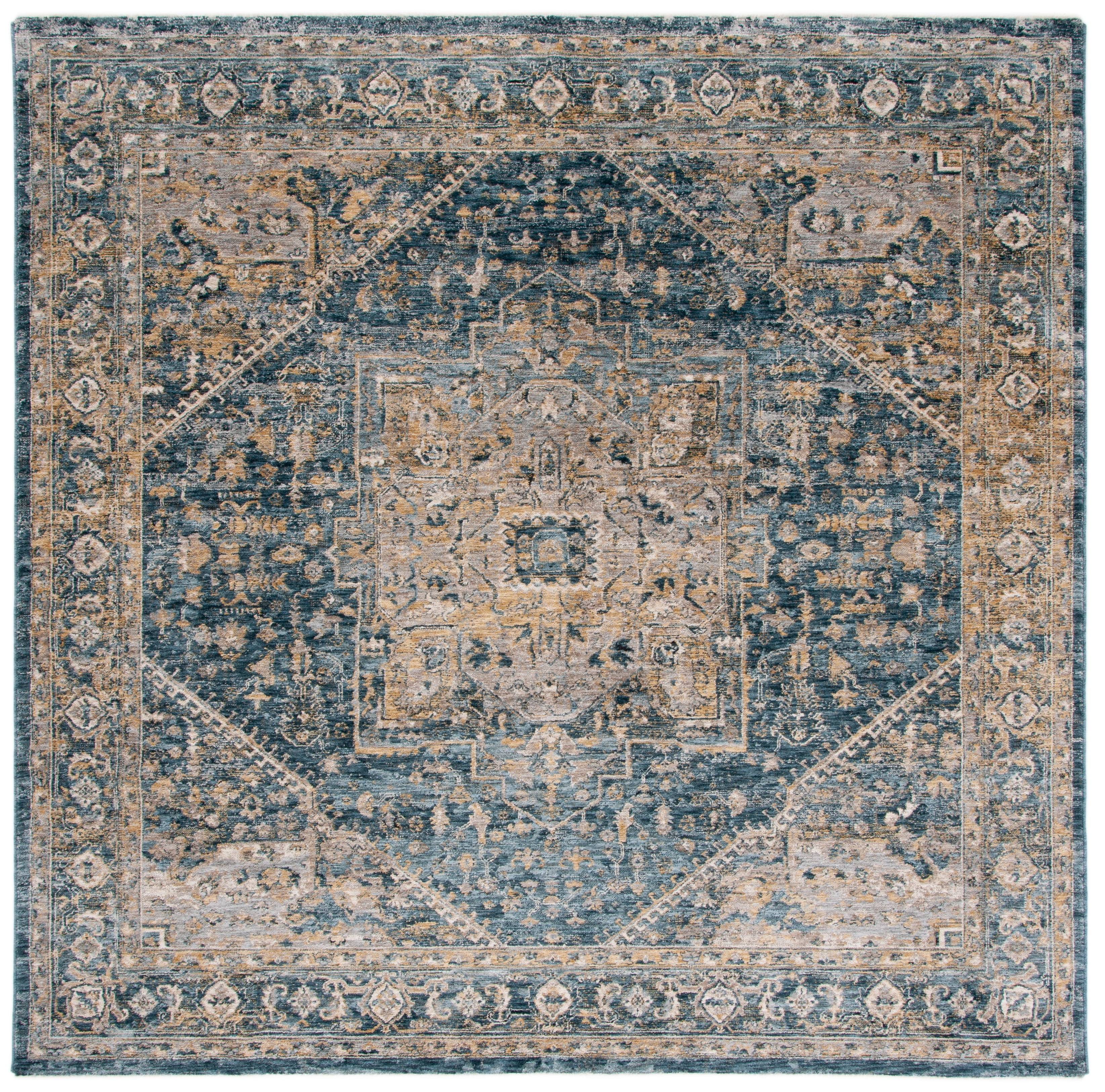 Valencia Blue and Gold Hand-Knotted Square Area Rug
