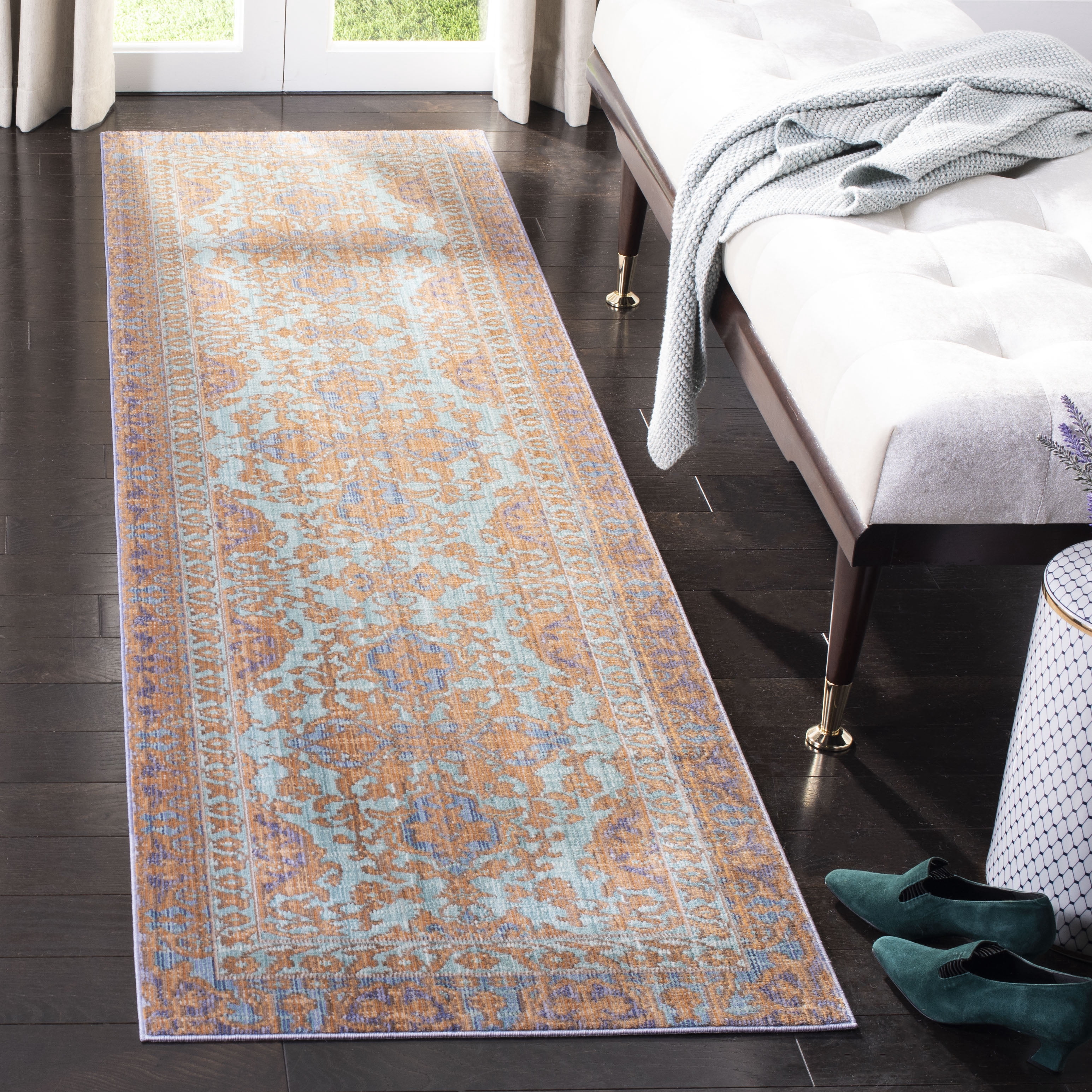 SAFAVIEH Valencia Jerrald Traditional Polyester Runner Rug, Blue/Gold, 2'3" x 12'