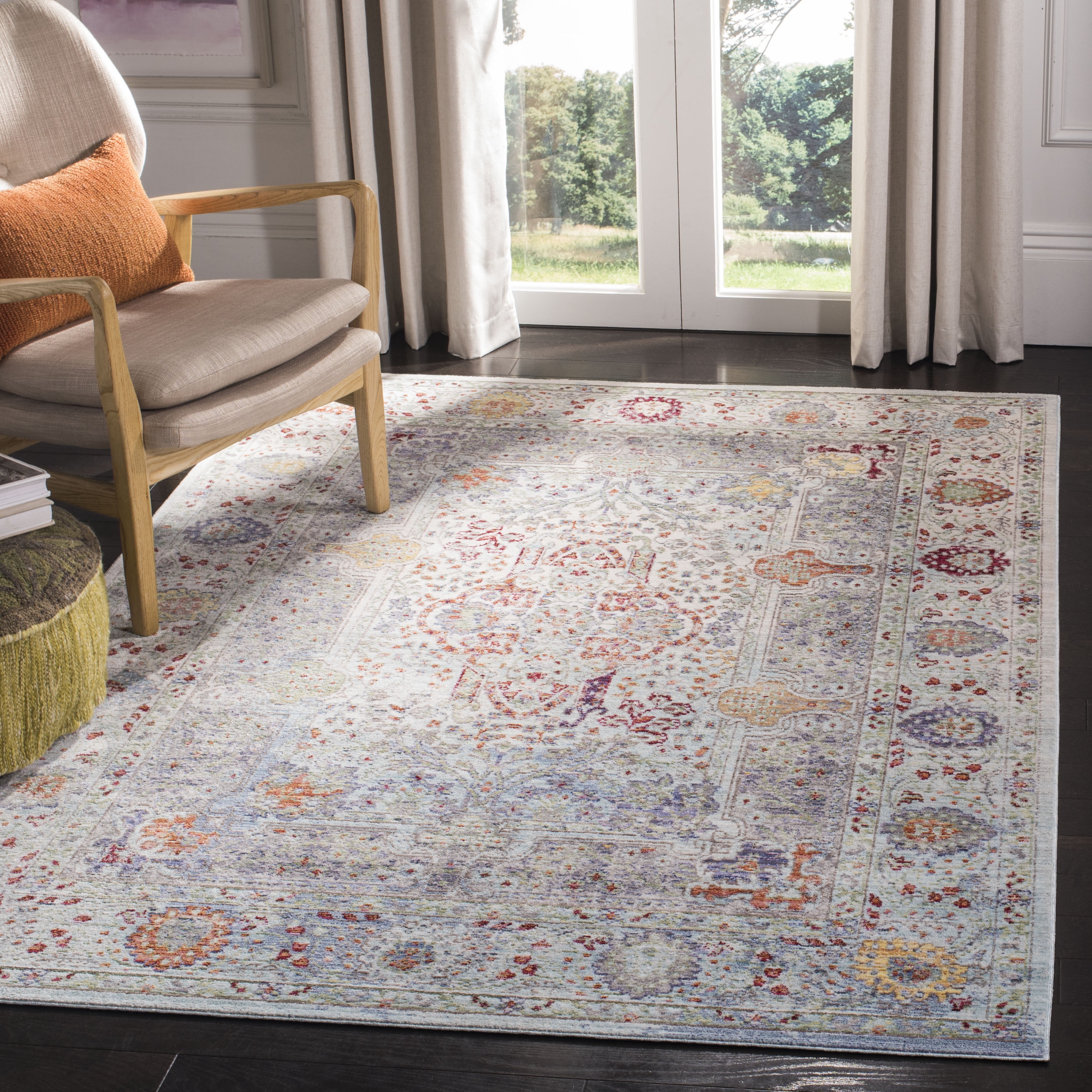 SAFAVIEH Valencia Joyce Bordered Oriental Polyester Area Rug, Blue/Multi, 8' x 10'