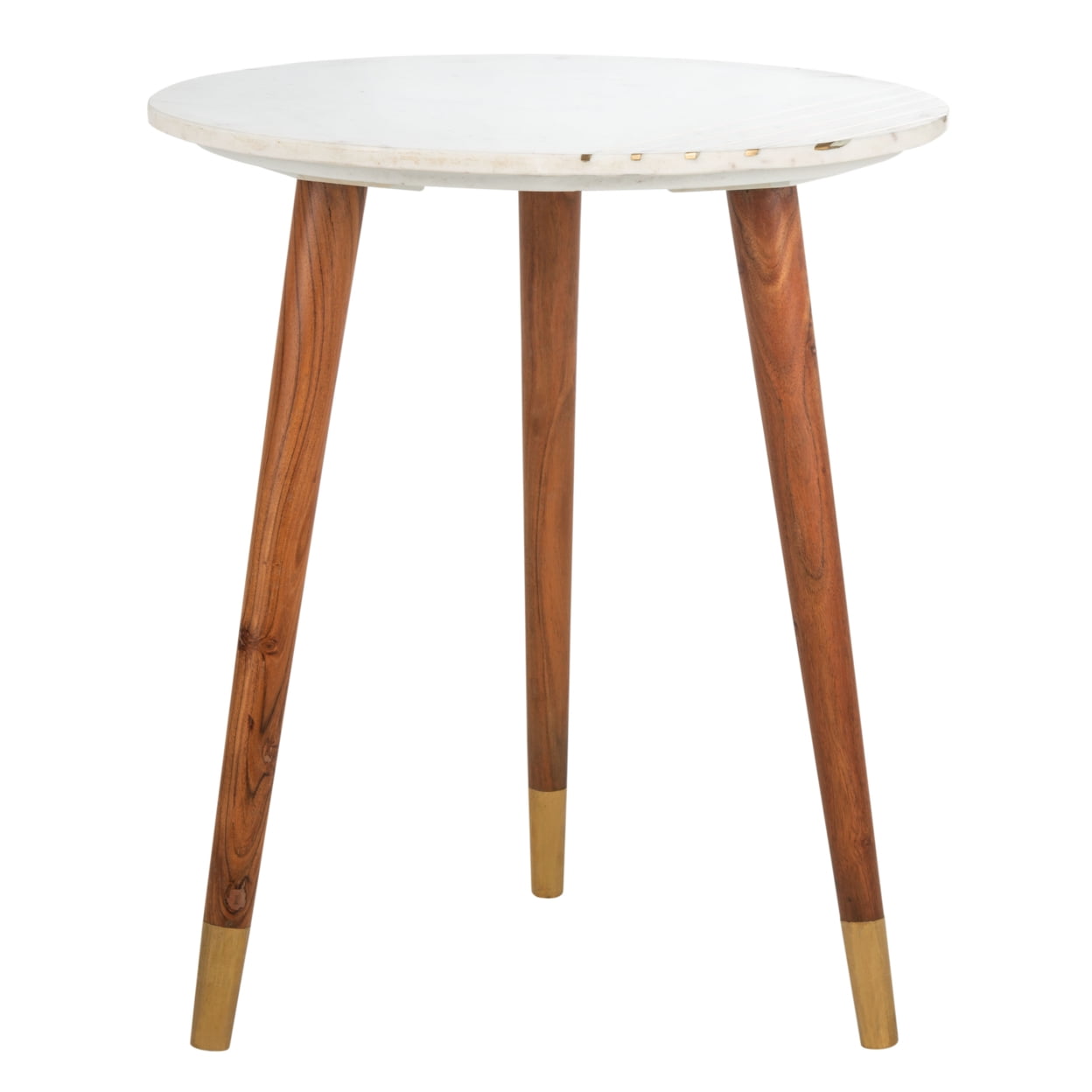 Transitional Round Wood & Stone Accent Table with Brass Inlay