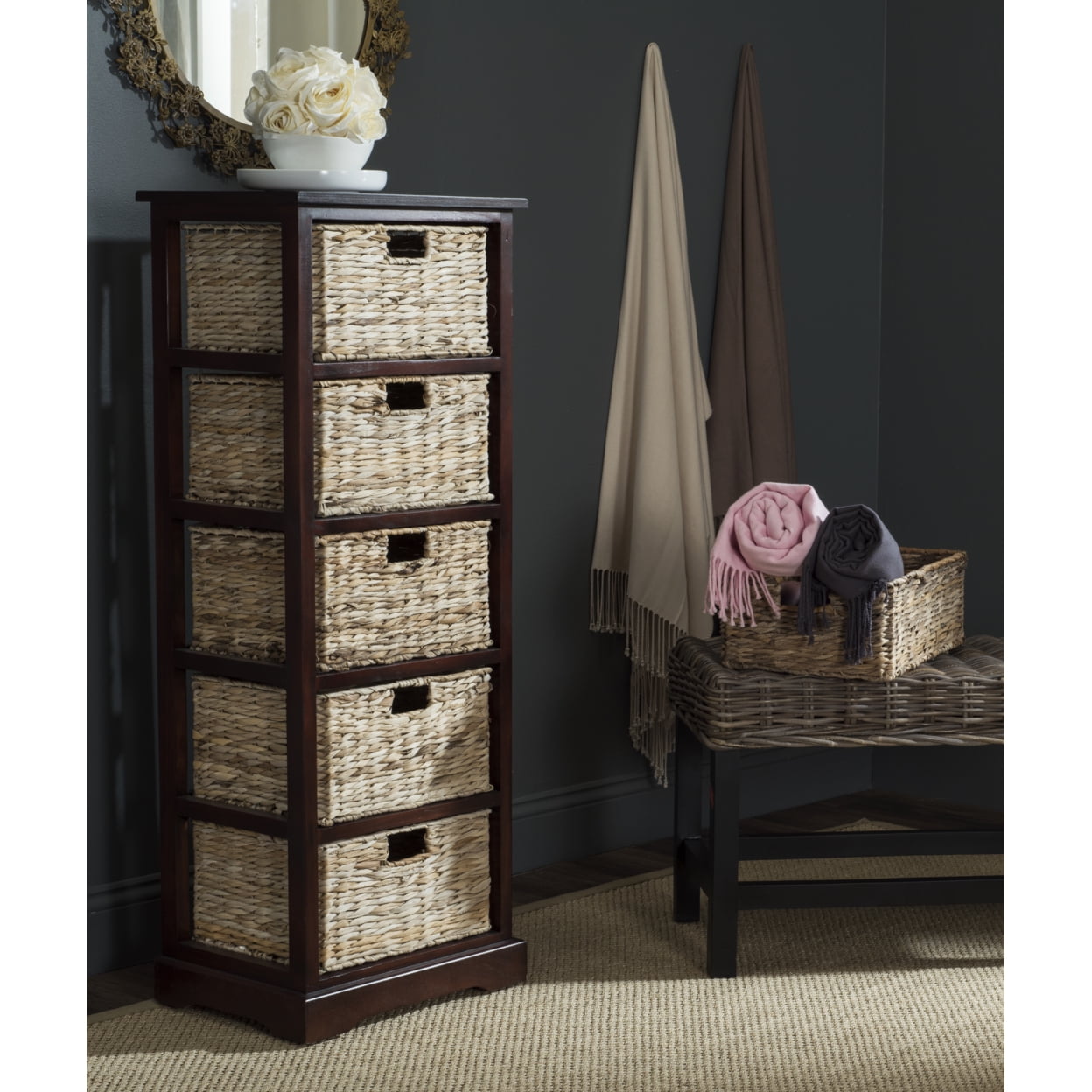 Cherry Pine 5-Drawer Wicker Basket Storage Tower