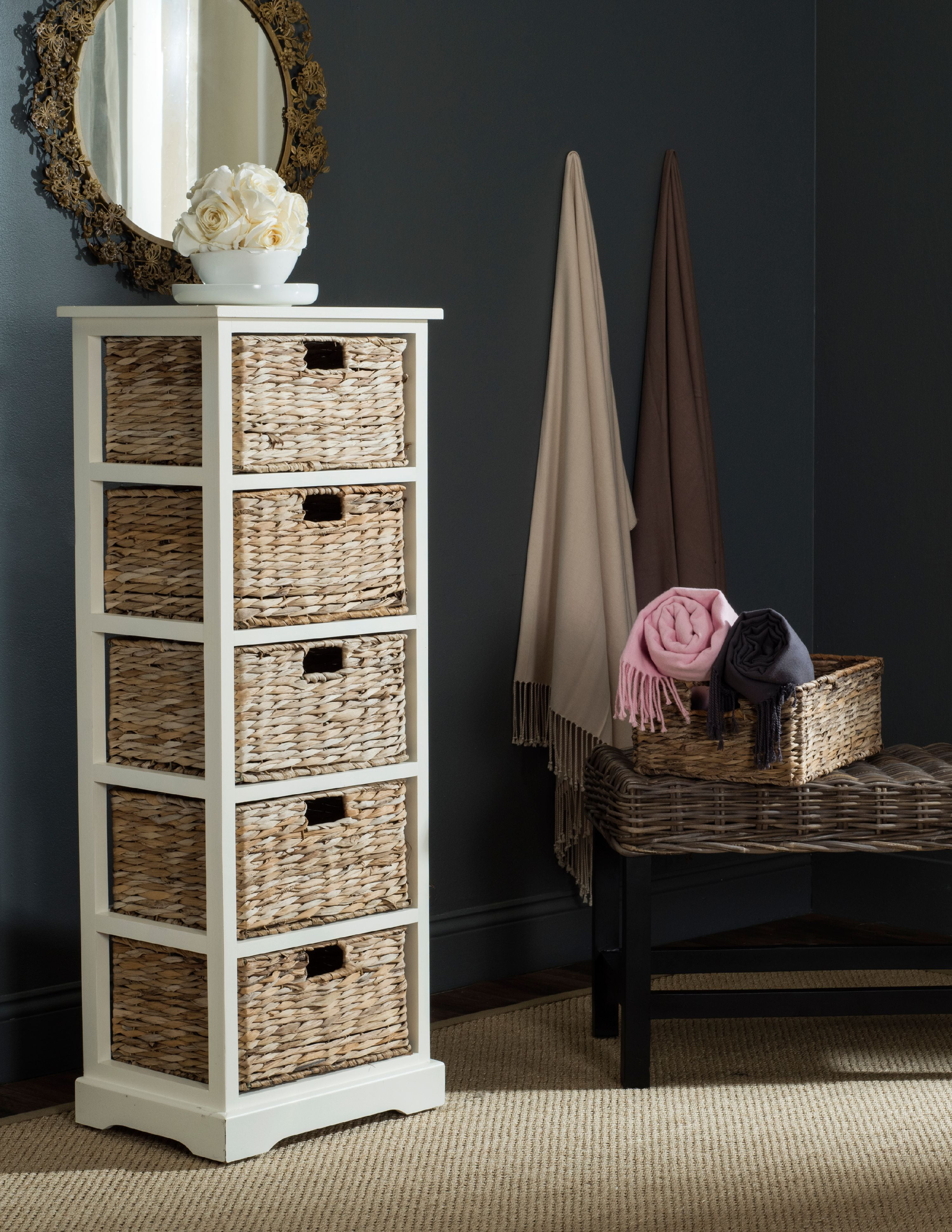 Coastal Breeze White Pine 5-Drawer Wicker Basket Storage Tower
