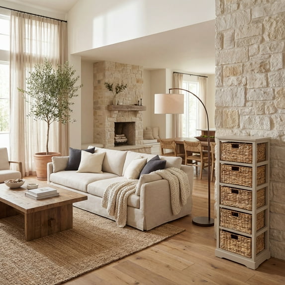 SAFAVIEH Vedette Country Nautical 5 Wicker Basket Storage Tower, Vintage Grey