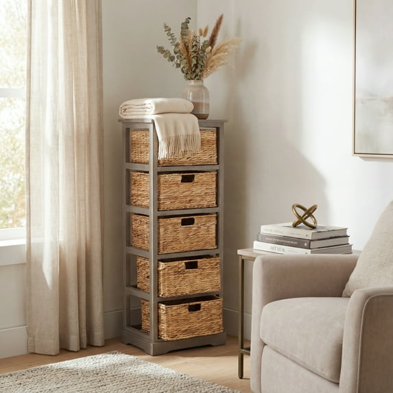SAFAVIEH Vedette Country Nautical 5 Wicker Basket Storage Tower, Vintage White