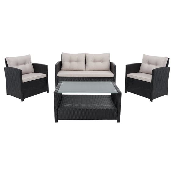 SAFAVIEH Vellor Outdoor Patio 4 Piece Conversation Set, Black/Light Grey