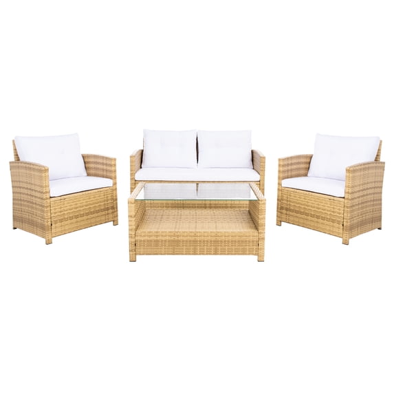 SAFAVIEH Vellor Outdoor Patio 4 Piece Conversation Set, Natural/White