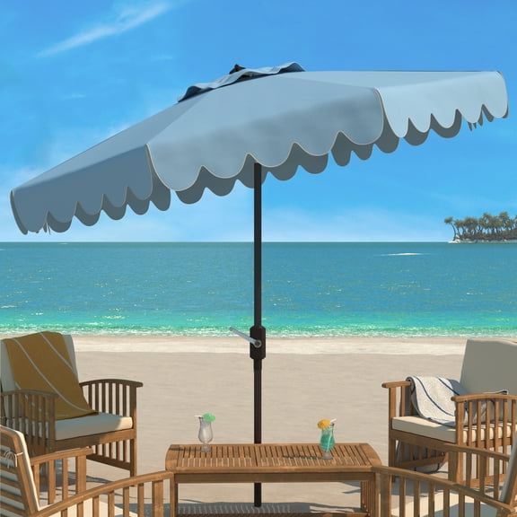 SAFAVIEH Venice 9' Market Crank Tilt Patio Umbrella, Baby Blue/White