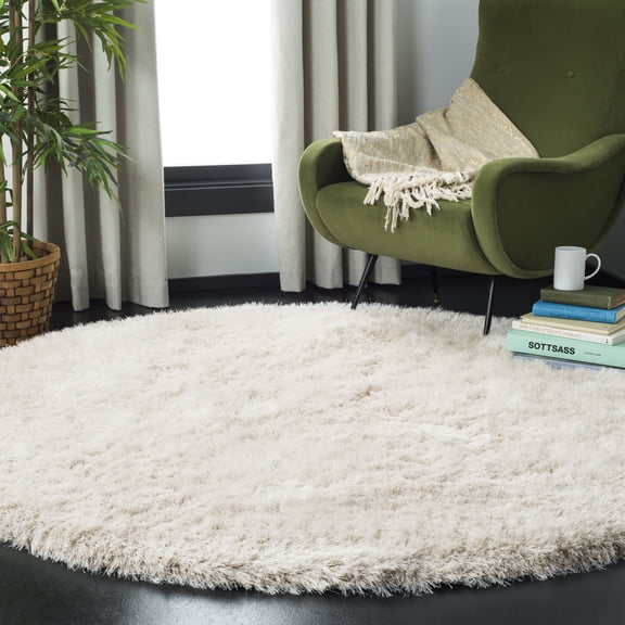 SAFAVIEH Venice Solid Shag Area Rug, Pearl, 4' x 4' Round
