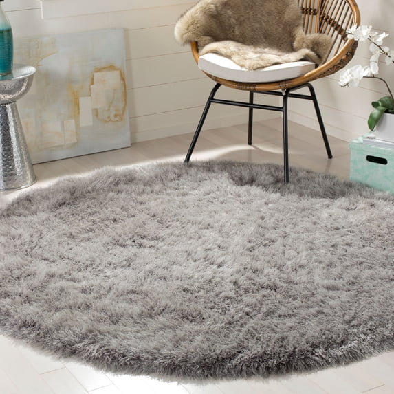 SAFAVIEH Venice Solid Shag Area Rug, Silver, 8' x 8' Round