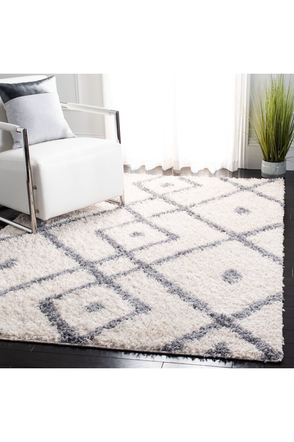 Venus Avaline Abstract Geometric Shag Area Rug, Ivory/Grey, 6'7" x 6'7" Square