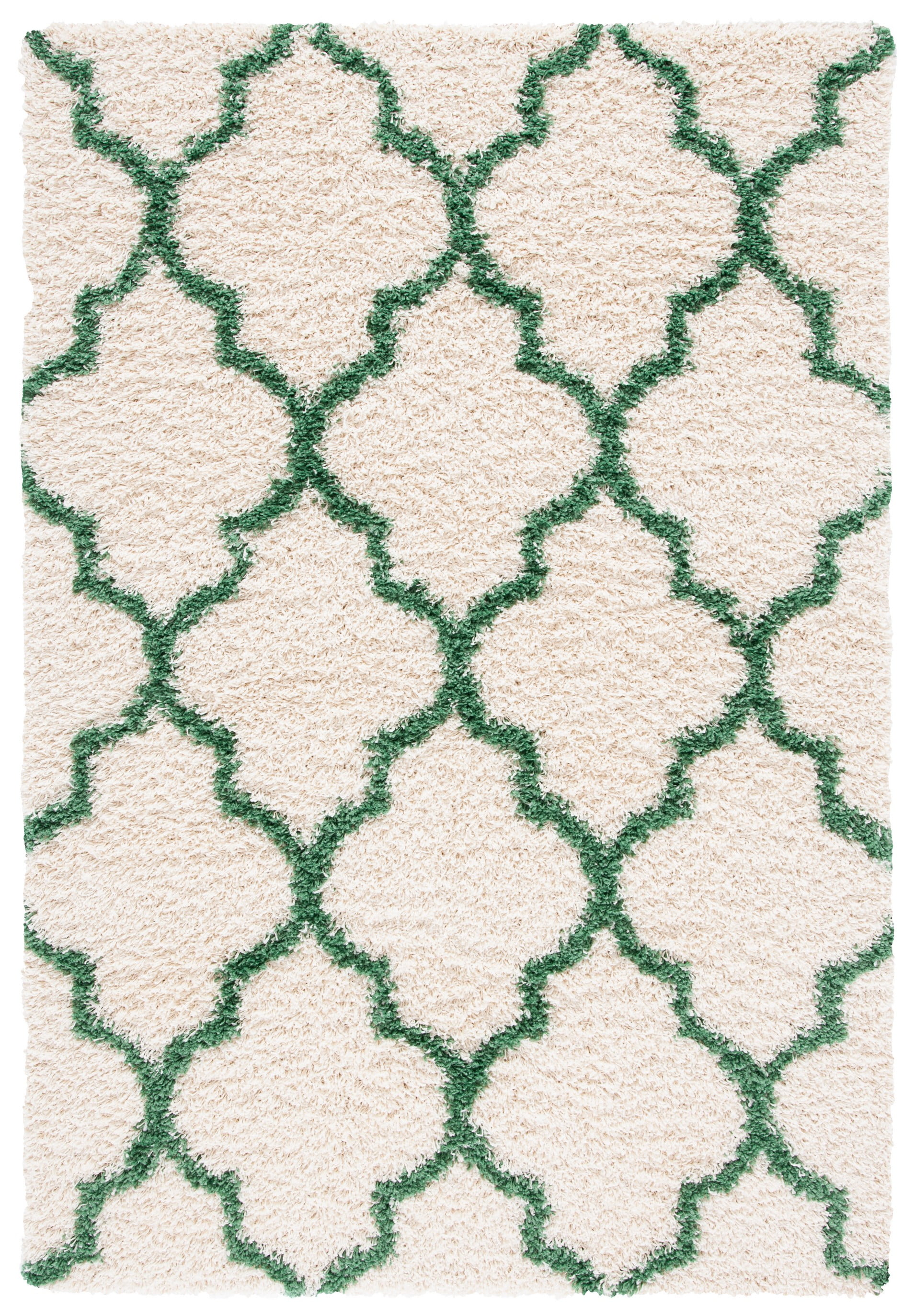 Ivory and Green Round Shag Rug with Trellis Pattern