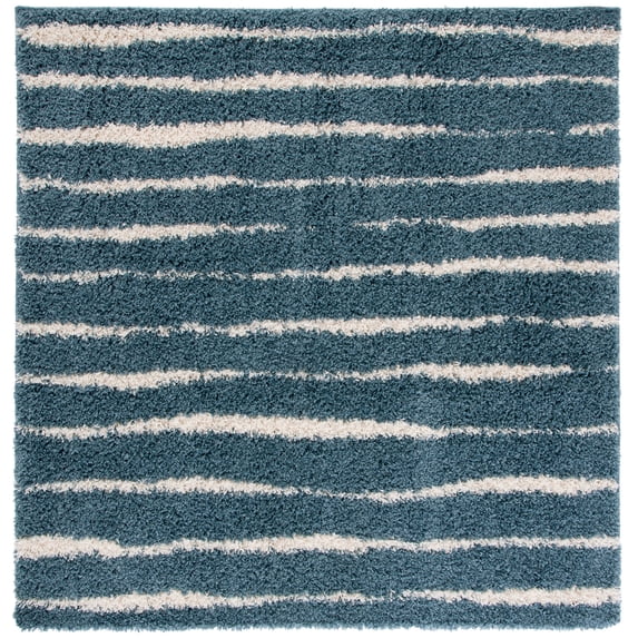 SAFAVIEH Venus Sophie Striped Shag Area Rug, Ivory/Turquoise, 6'7" x 6'7" Square