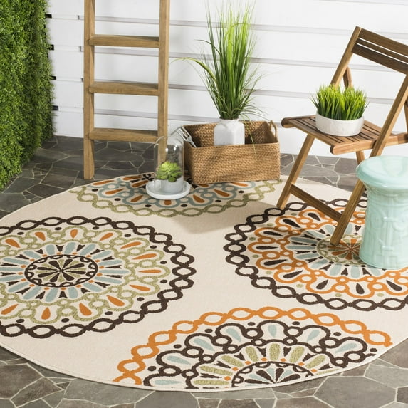 SAFAVIEH Veranda Axum Geometric Indoor/Outdoor Area Rug, 5'3" x 5'3" Round, Cream/Terracotta