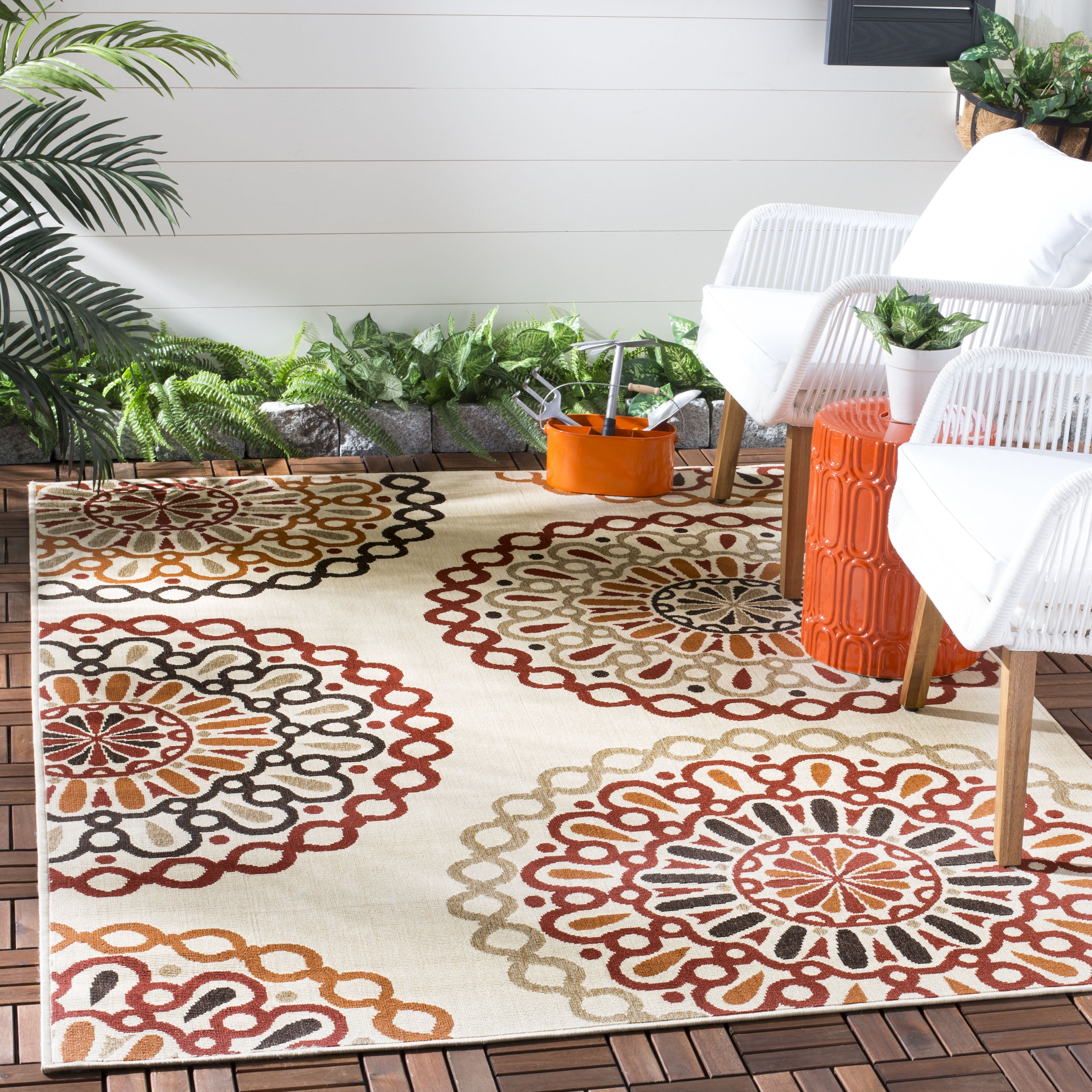 Creme and Red Geometric Synthetic Indoor/Outdoor Area Rug